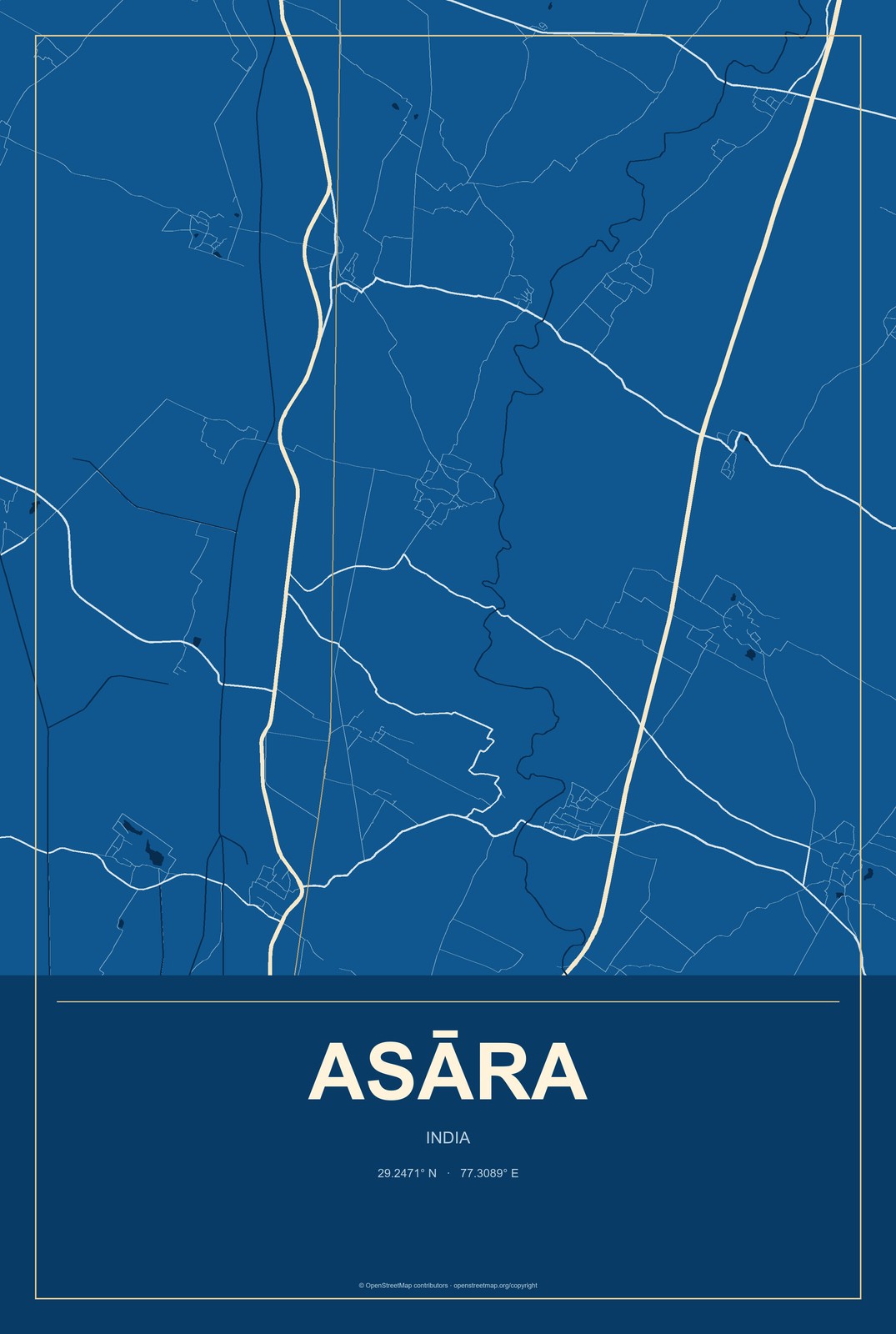 Asāra, India City Map Aluminum Sign in Harbor Cobalt style