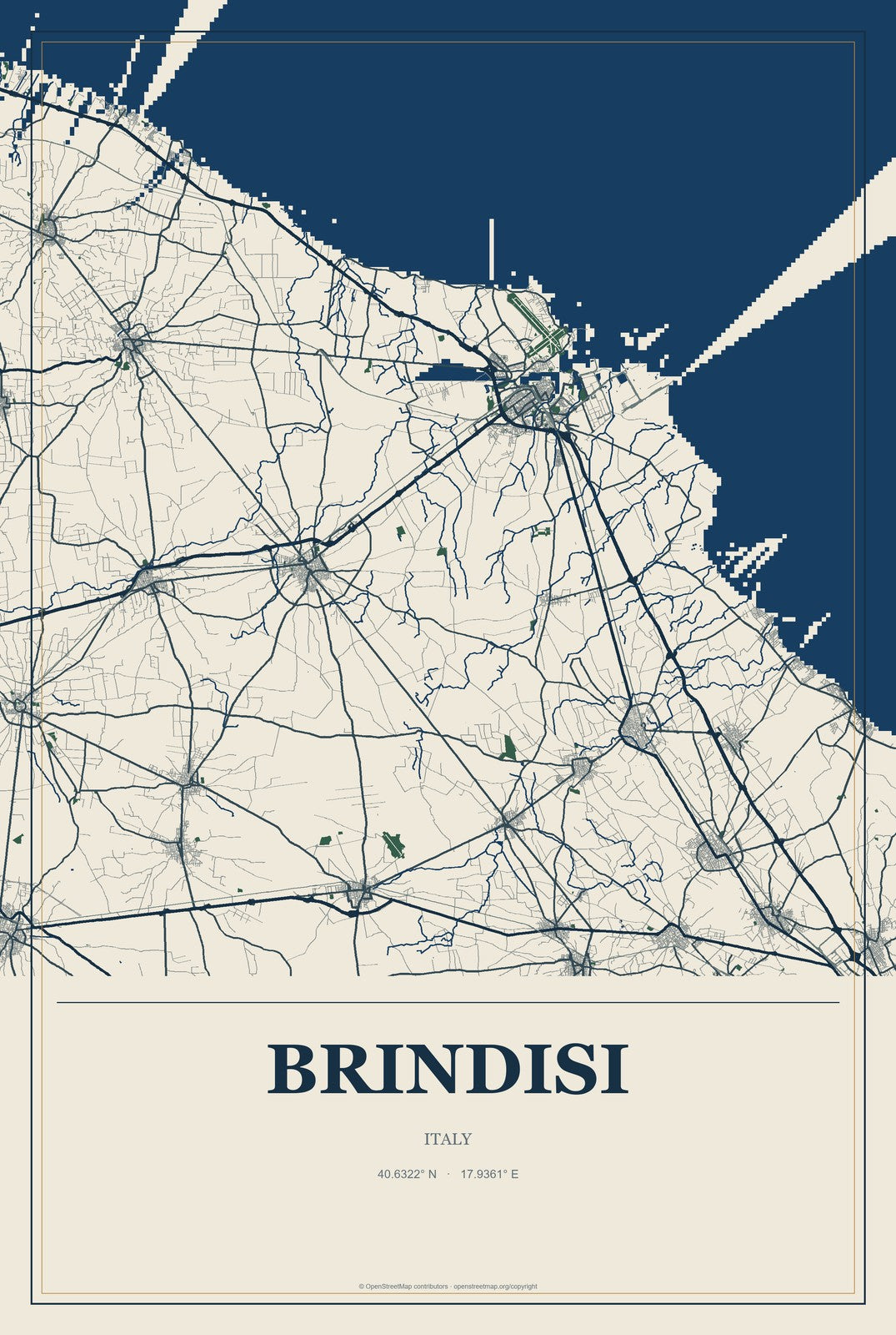 Brindisi, Italy City Map Aluminum Sign in Coastal Cutout style