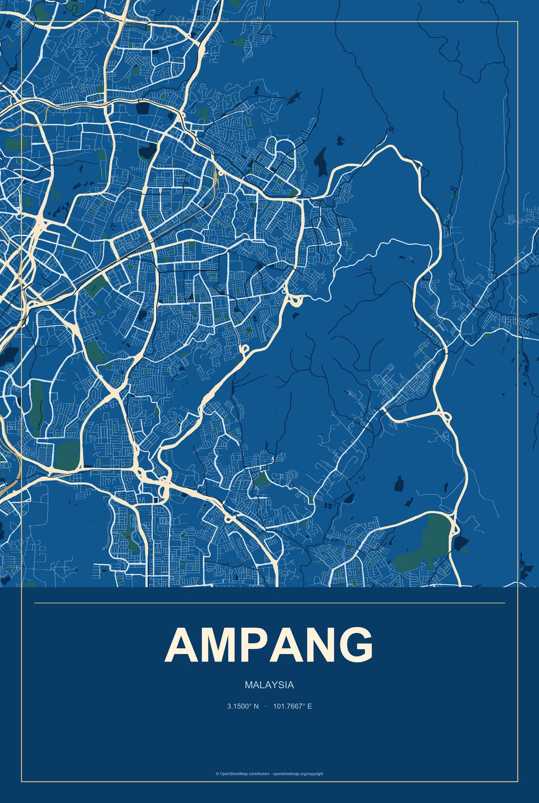 Ampang, Malaysia City Map Aluminum Sign in Harbor Cobalt style