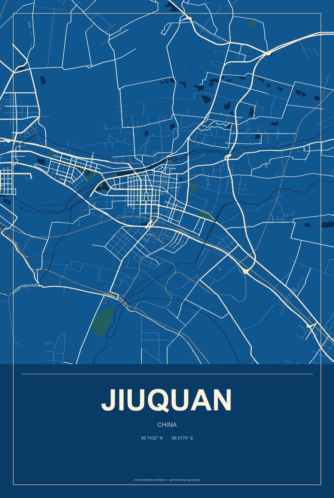 Jiuquan, China City Map Aluminum Sign in Harbor Cobalt style