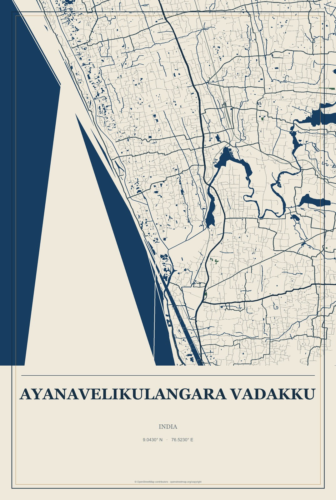 Ayanavelikulangara Vadakku, India City Map Aluminum Sign in Coastal Cutout style