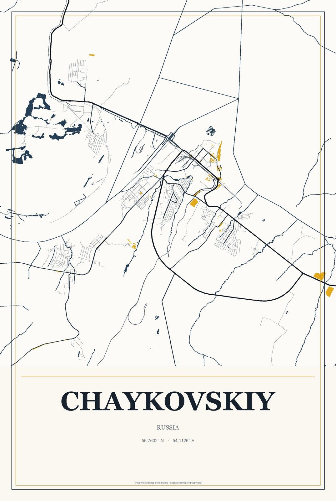 Chaykovskiy, Russia City Map Aluminum Sign in Citrine Modern style