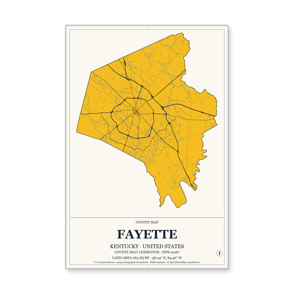Fayette County, Kentucky Map Aluminum Sign in Citrine Modern style