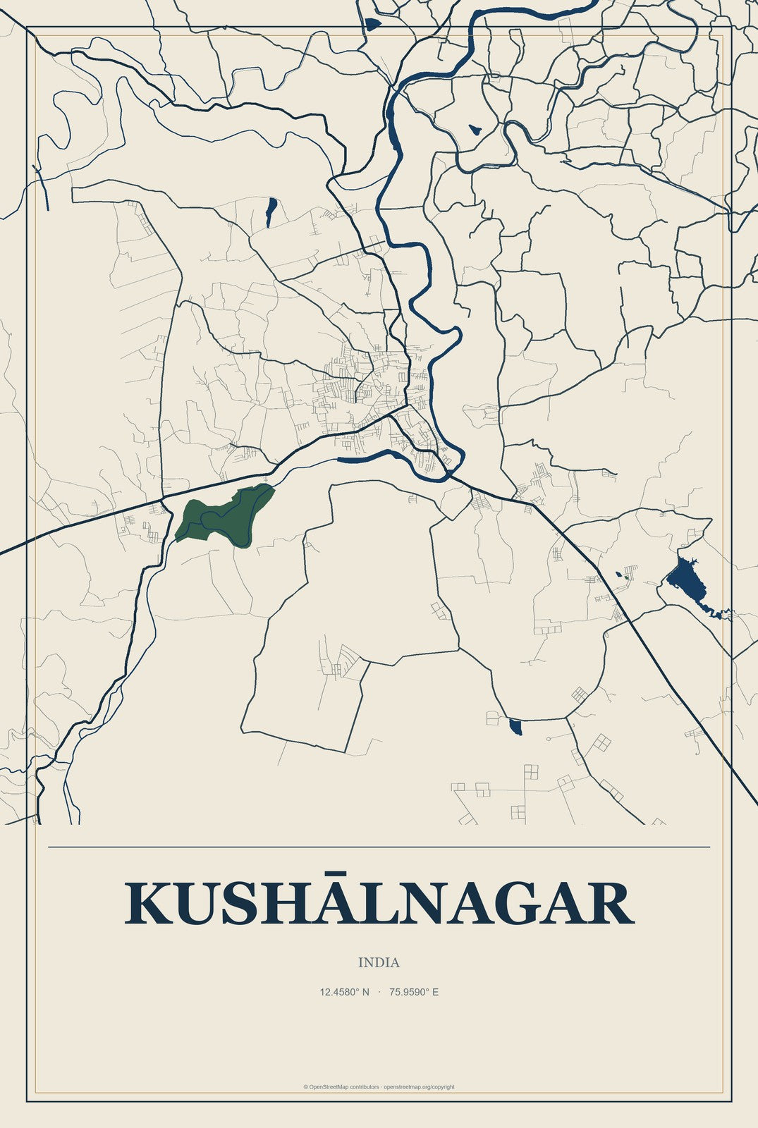 Kushālnagar, India City Map Aluminum Sign in Coastal Cutout style