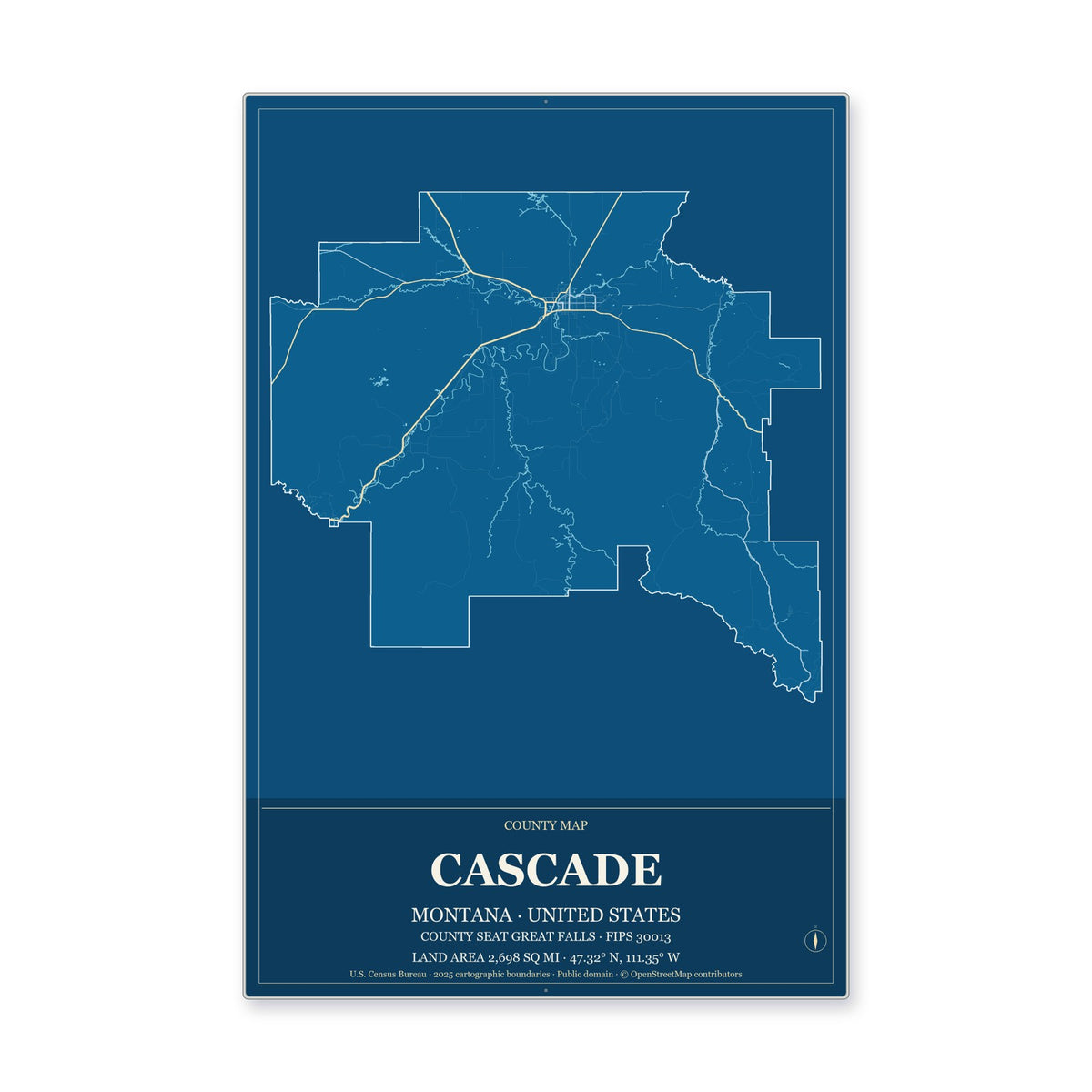 Cascade County, Montana Map Aluminum Sign in Harbor Cobalt style