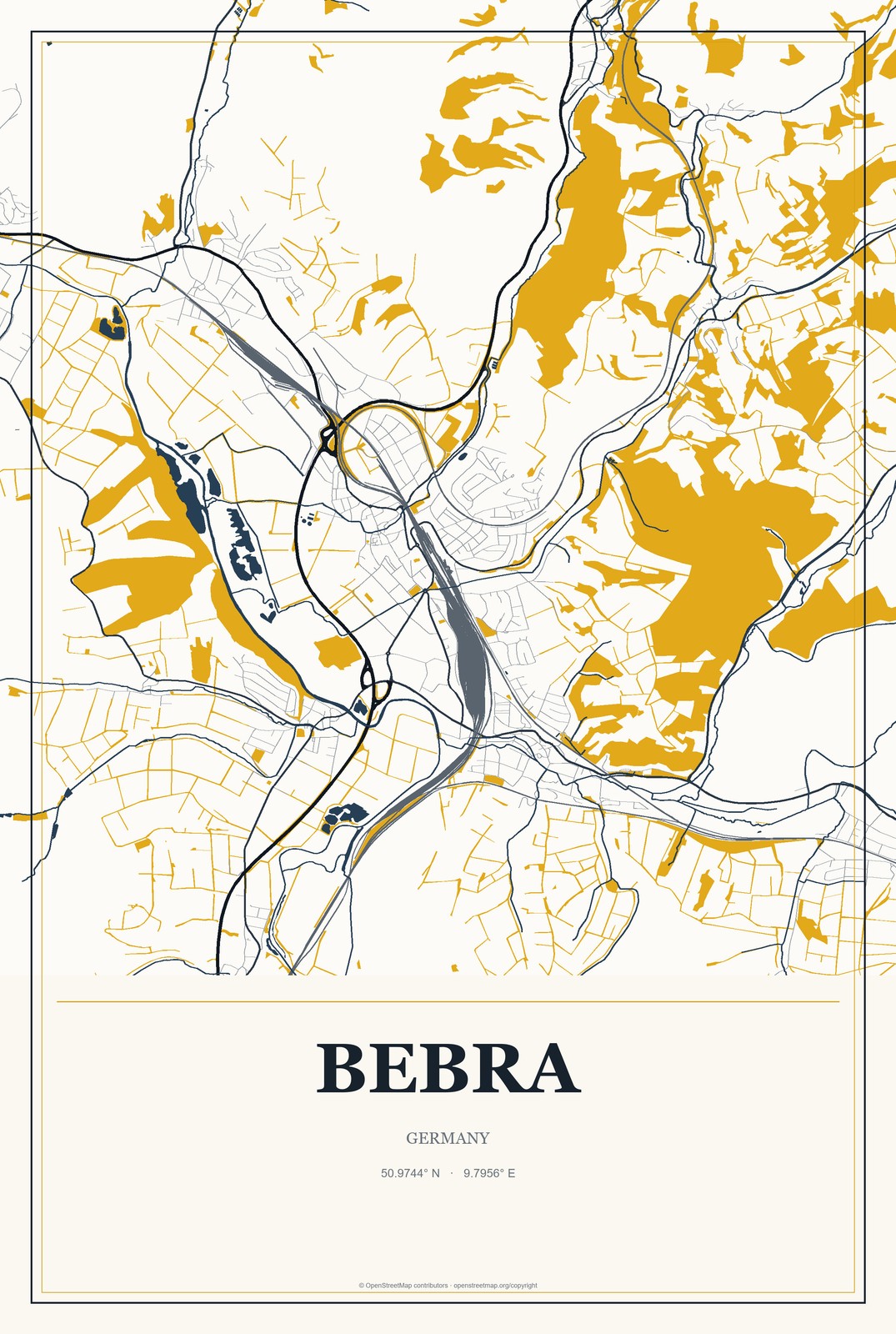 Bebra, Germany City Map Aluminum Sign in Citrine Modern style