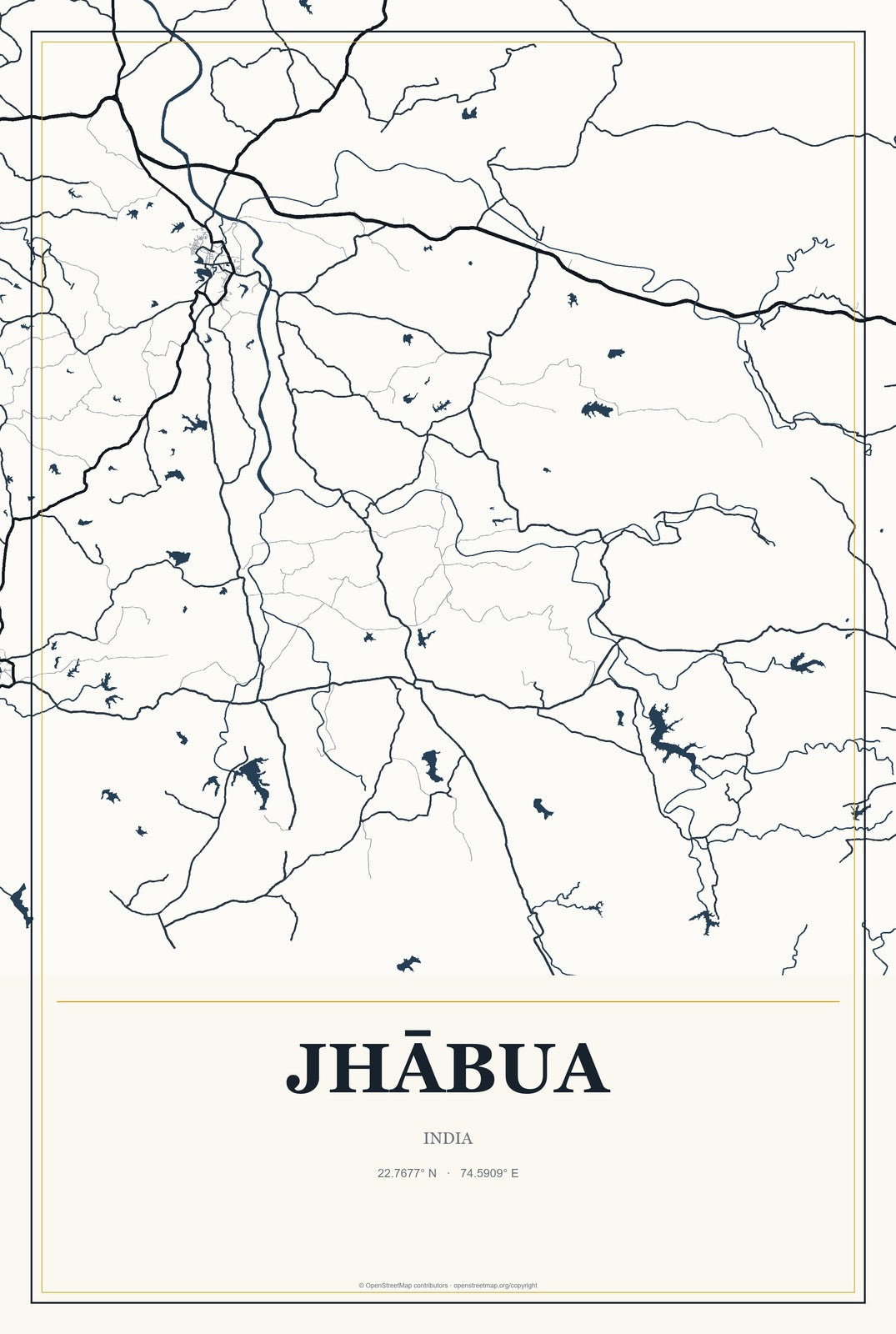 Jhābua, India City Map Aluminum Sign in Citrine Modern style