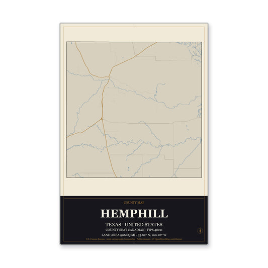 Hemphill County, Texas Map Aluminum Sign in Museum Plaque style