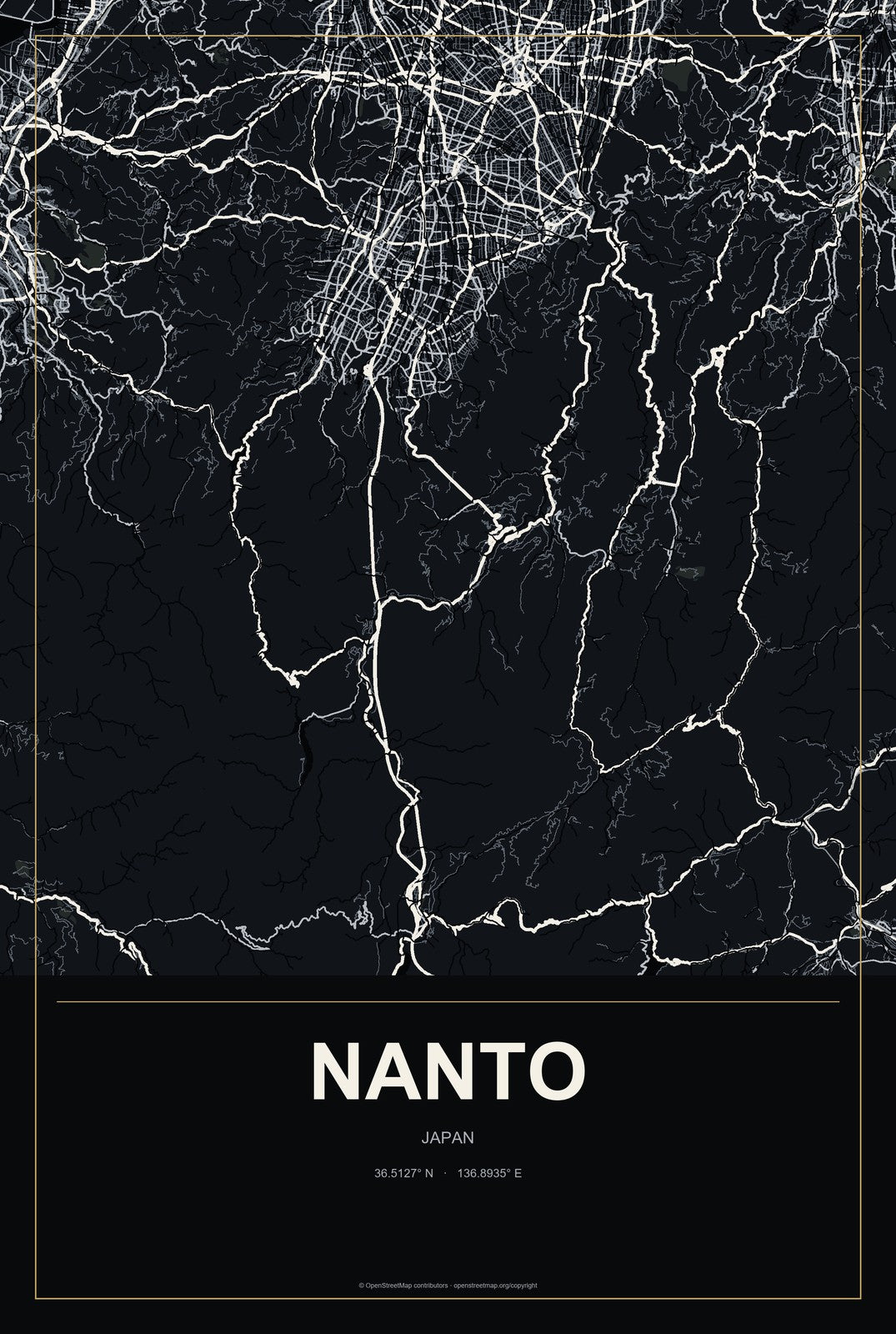 Nanto, Japan City Map Aluminum Sign in Metropolitan Noir style
