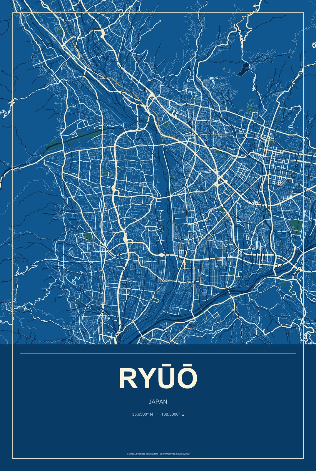 Ryūō, Yamanashi, Japan City Map Aluminum Sign in Harbor Cobalt style