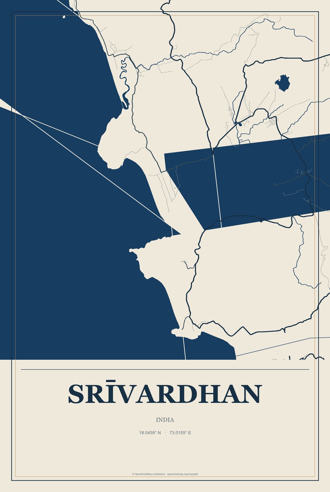 Srīvardhan, India City Map Aluminum Sign in Coastal Cutout style