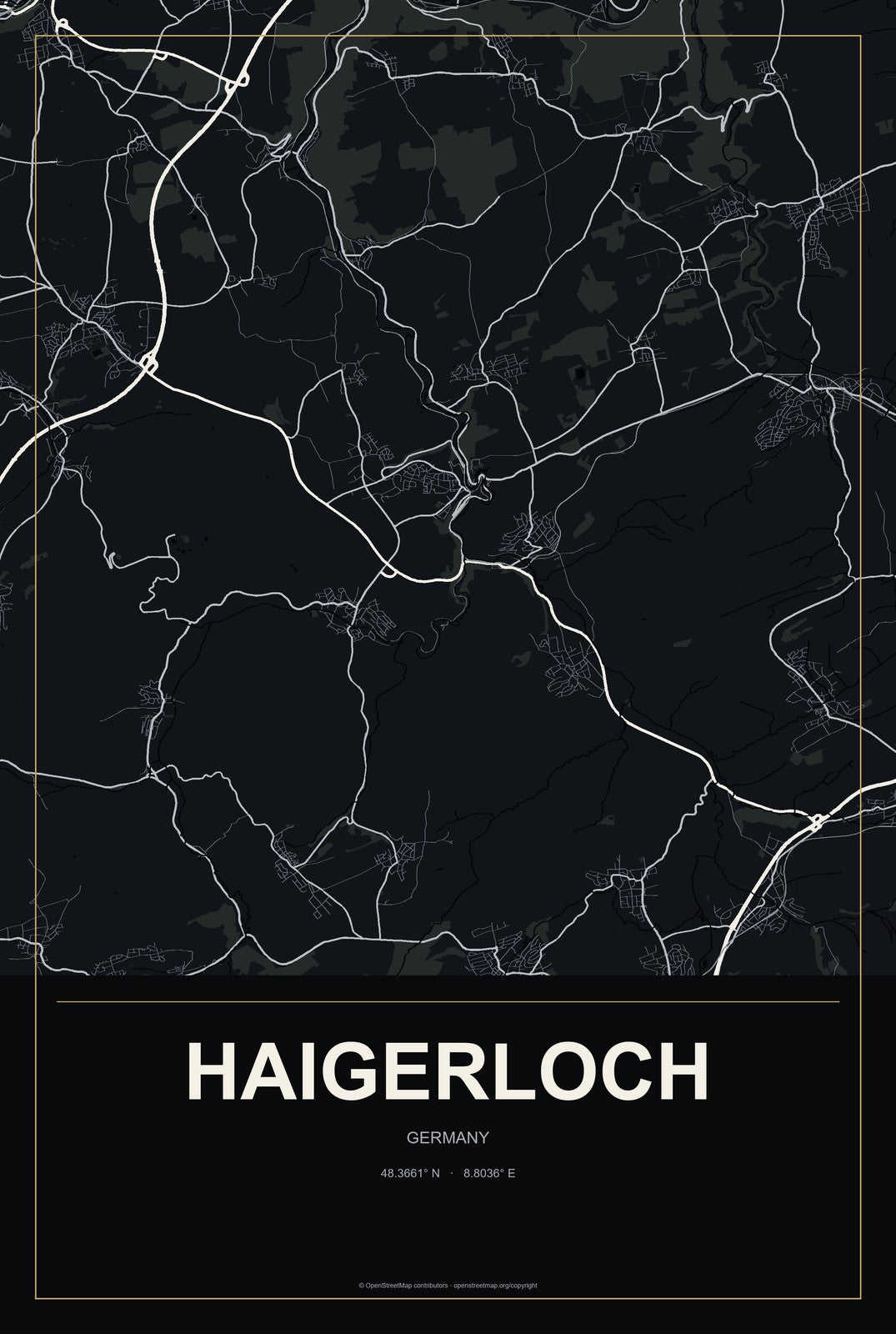 Haigerloch, Germany City Map Aluminum Sign in Metropolitan Noir style