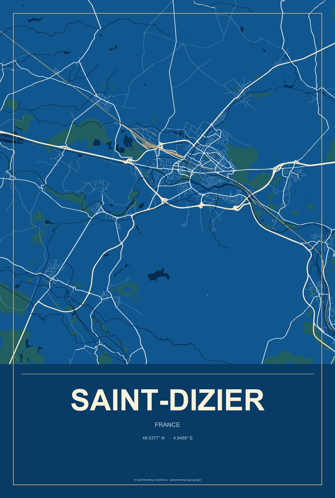 Saint-Dizier, France City Map Aluminum Sign in Harbor Cobalt style