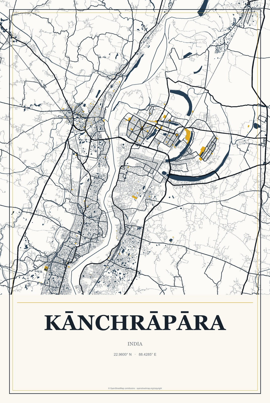 Kānchrāpāra, India City Map Aluminum Sign in Citrine Modern style