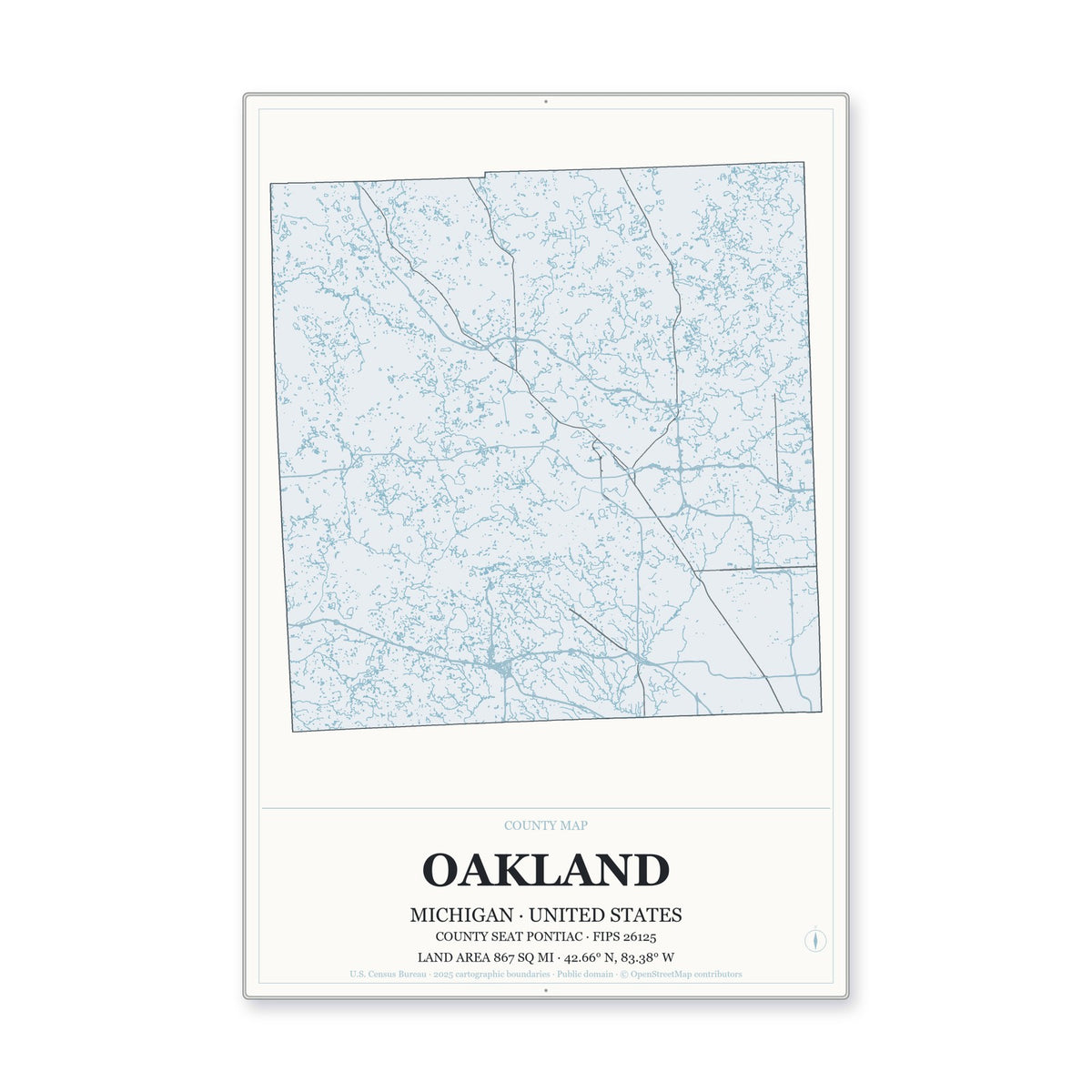Oakland County, Michigan Map Aluminum Sign in Gallery Air style