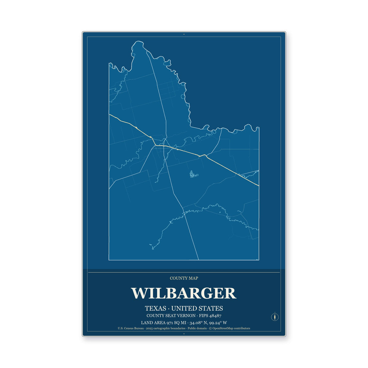 Wilbarger County, Texas Map Aluminum Sign in Harbor Cobalt style