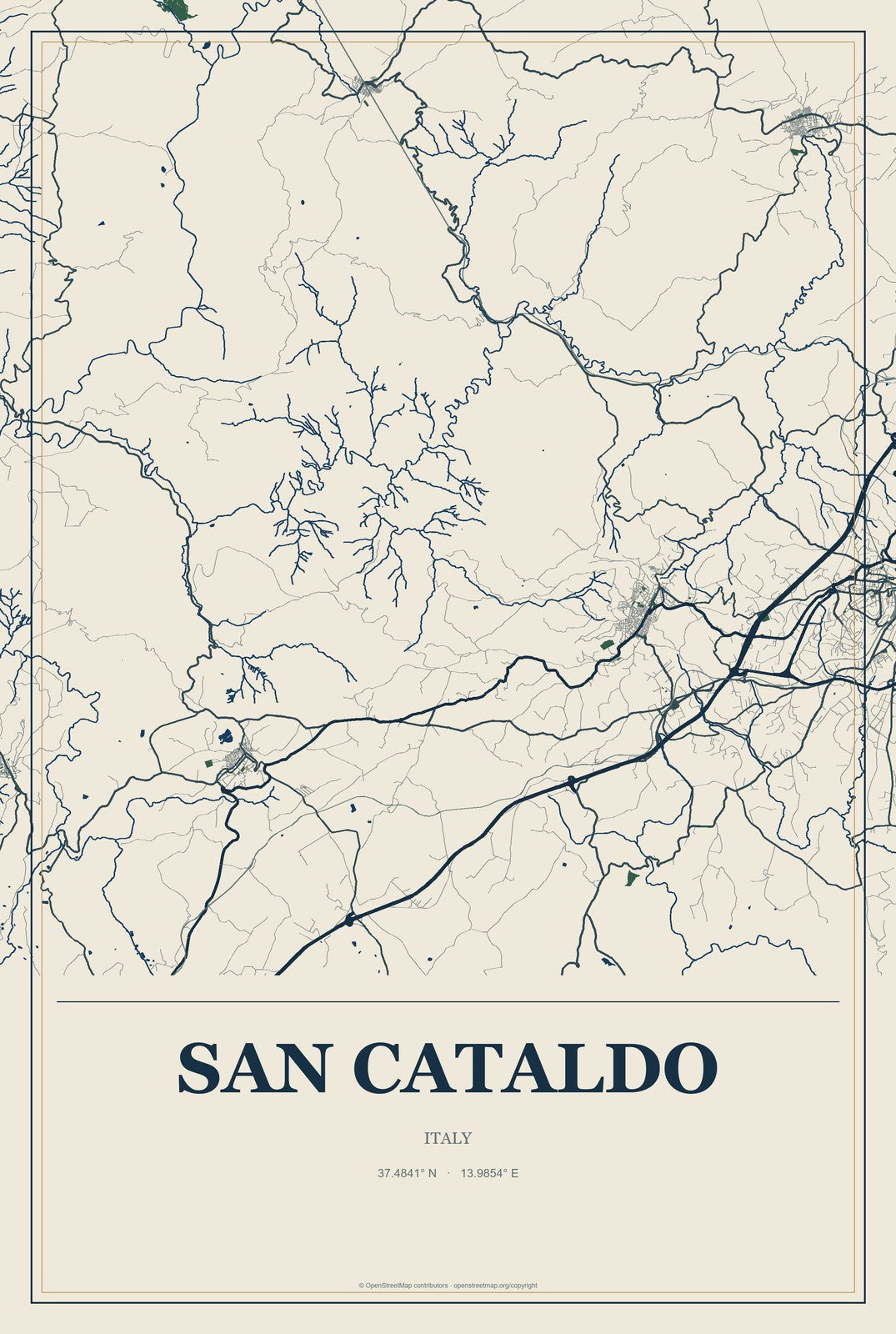 San Cataldo, Italy City Map Aluminum Sign in Coastal Cutout style