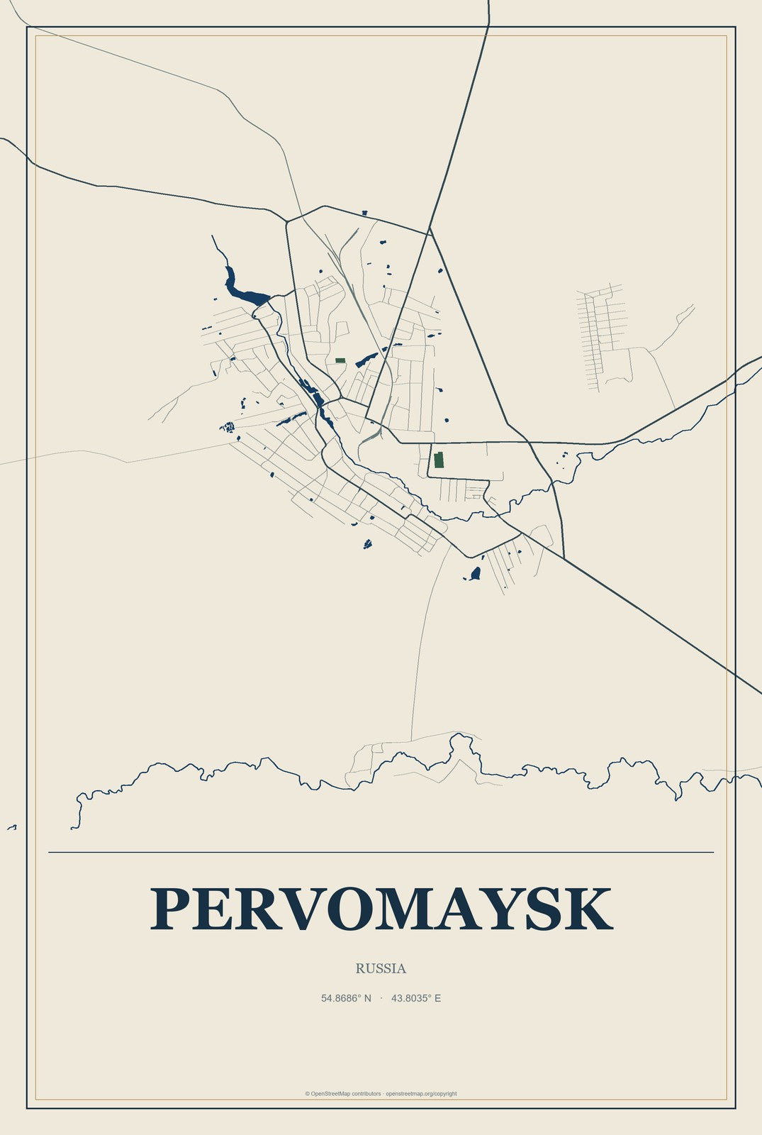 Pervomaysk, Russia City Map Aluminum Sign in Coastal Cutout style