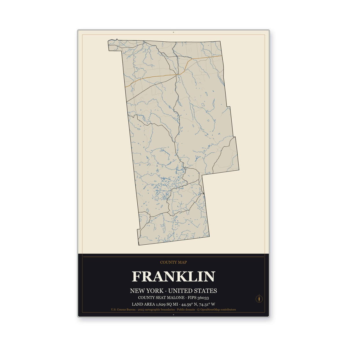 Franklin County, New York Map Aluminum Sign in Museum Plaque style