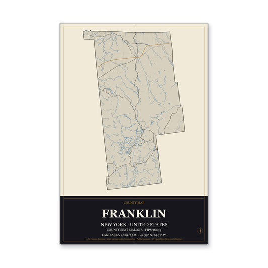 Franklin County, New York Map Aluminum Sign in Museum Plaque style