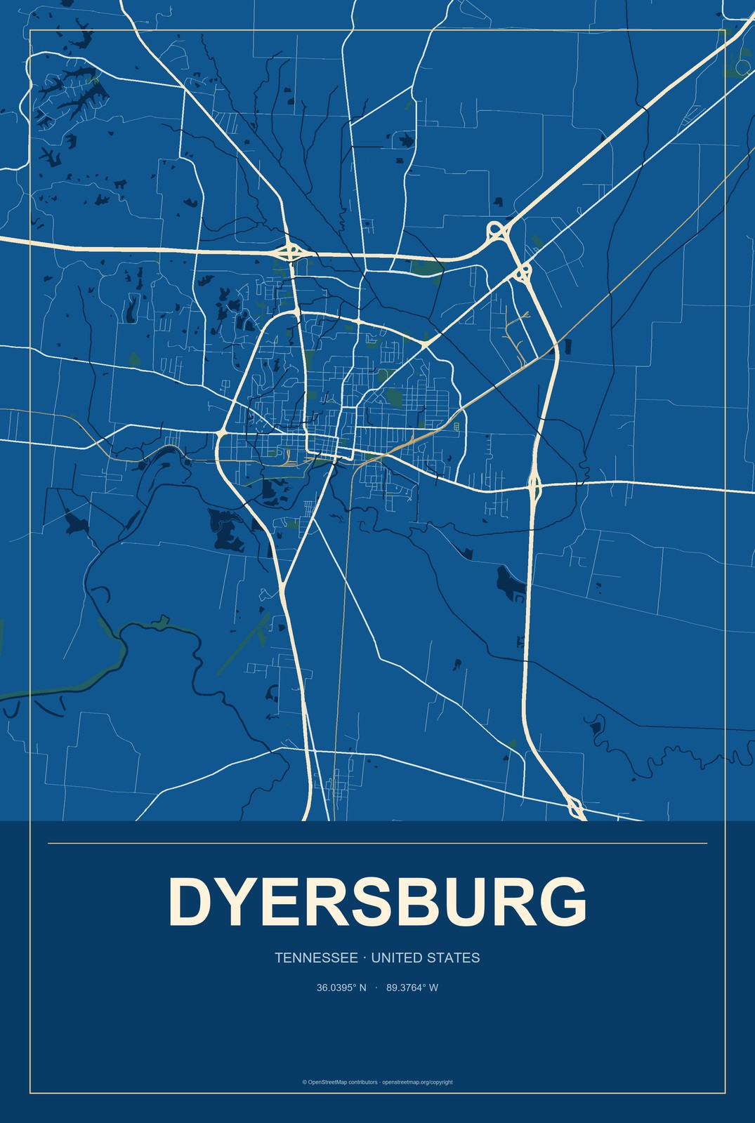 Dyersburg, Tennessee City Map Aluminum Sign in Harbor Cobalt style
