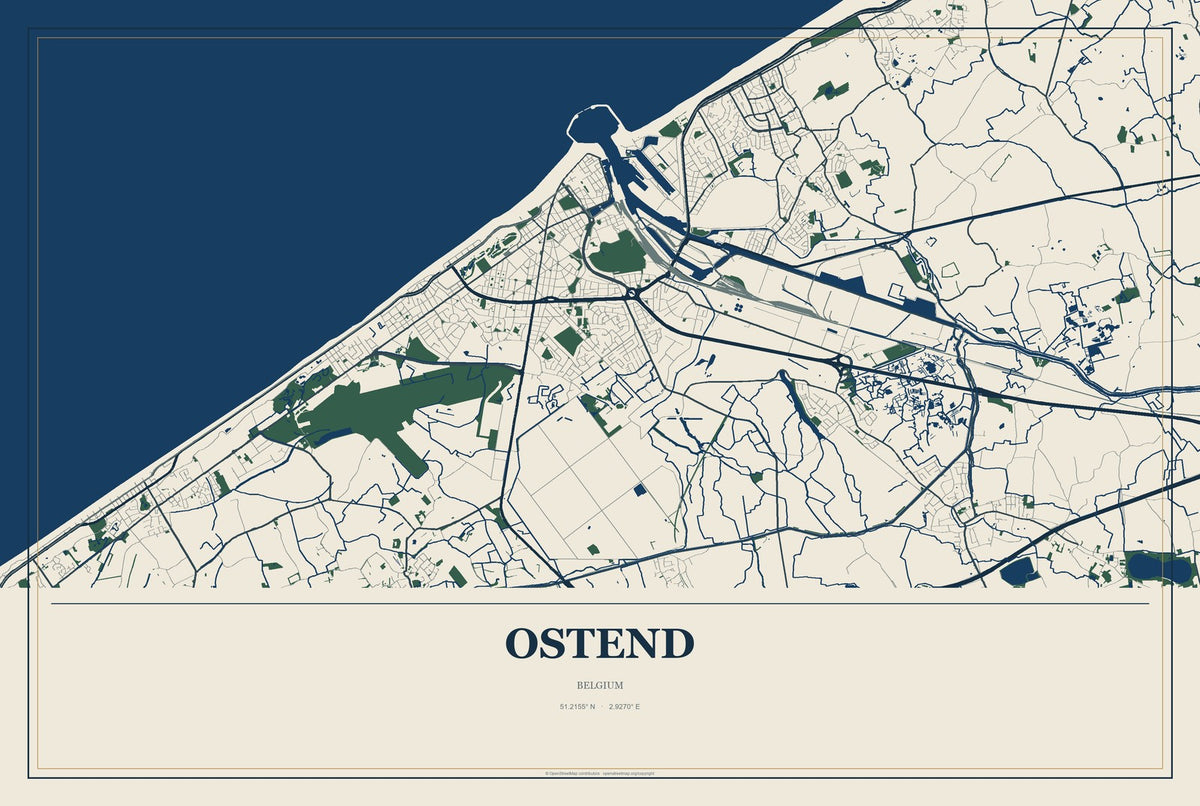 Ostend, Belgium City Map Aluminum Sign in Coastal Cutout style