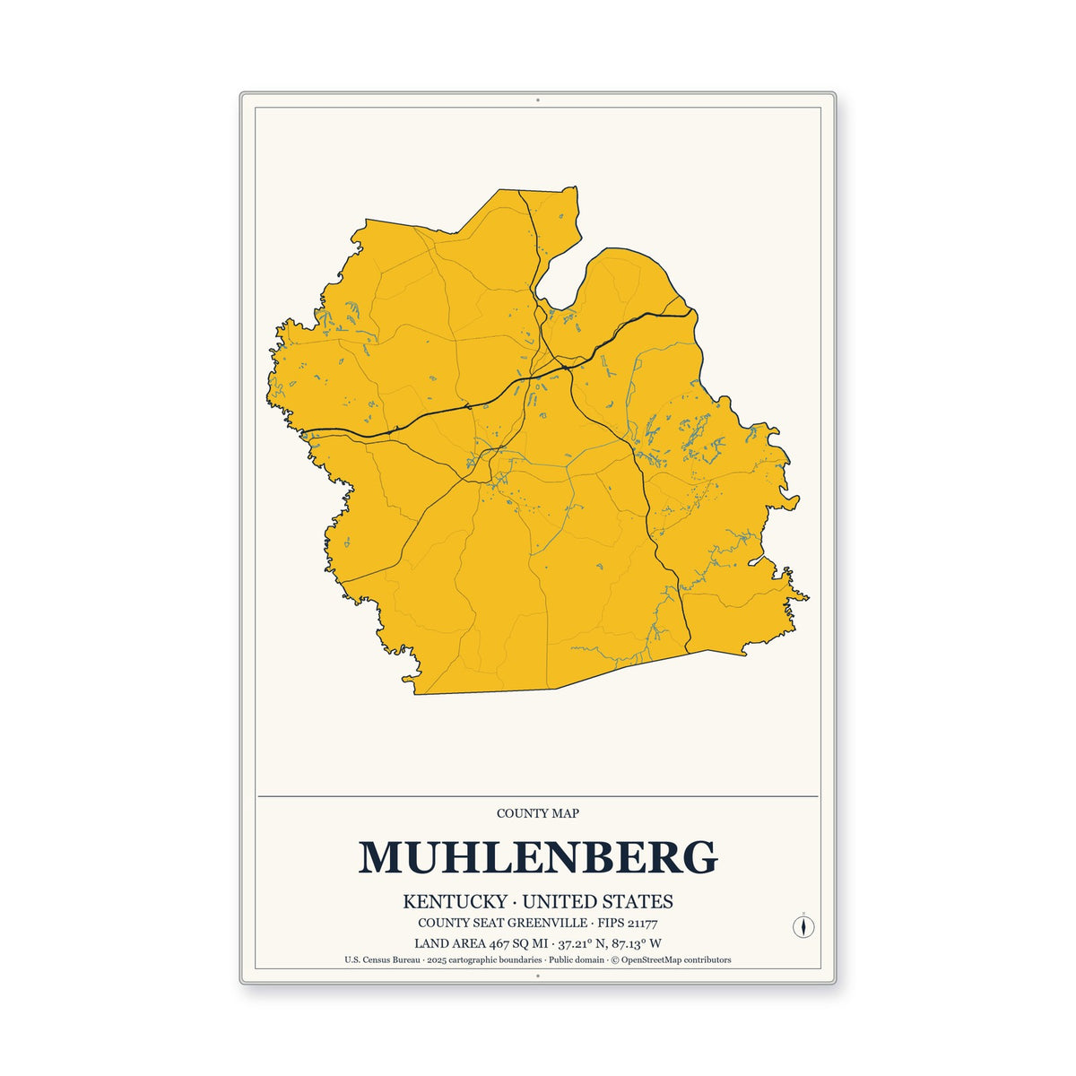 Muhlenberg County, Kentucky Map Aluminum Sign in Citrine Modern style