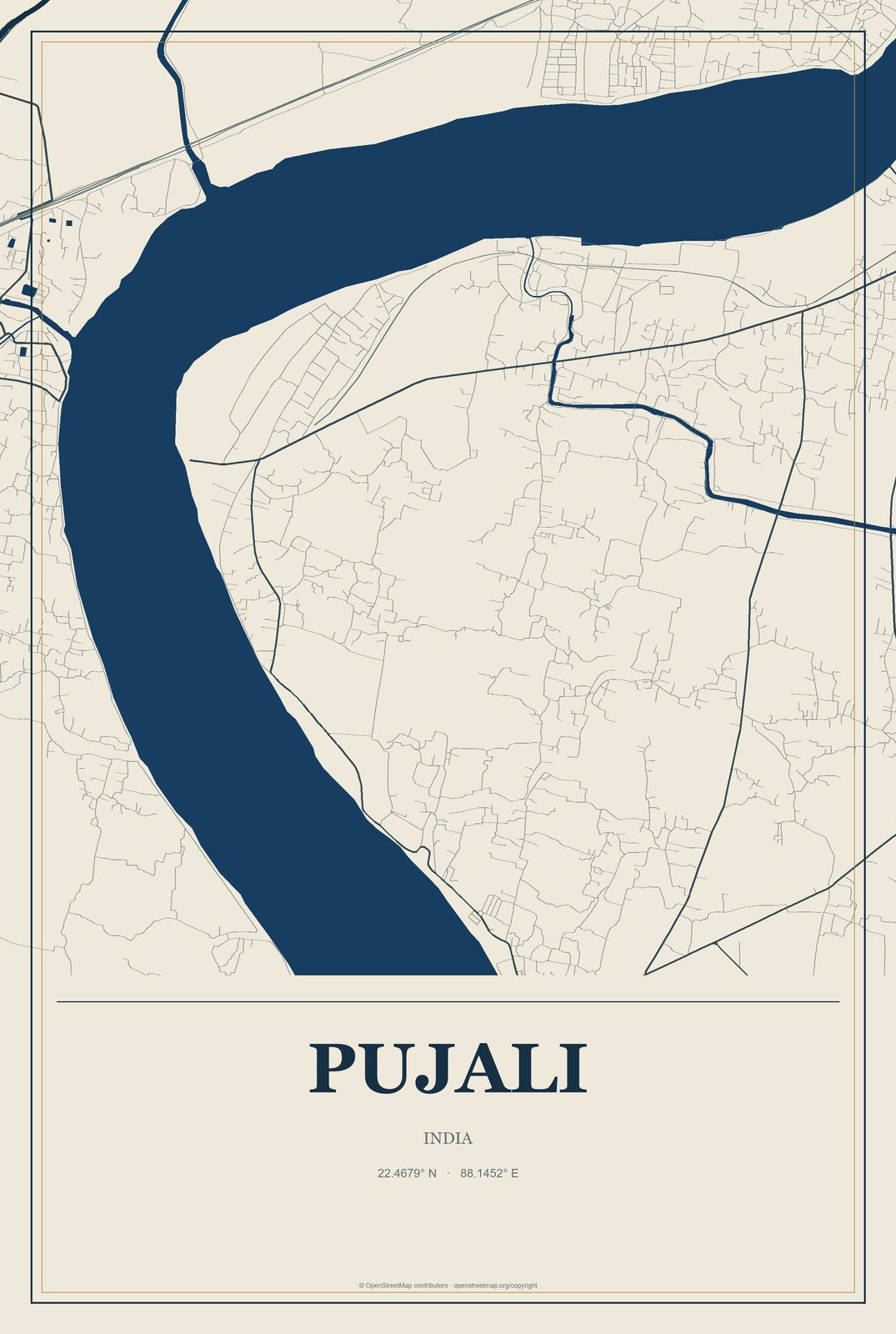 Pujali, India City Map Aluminum Sign in Coastal Cutout style