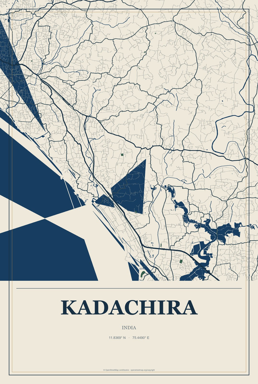 Kadachira, India City Map Aluminum Sign in Coastal Cutout style