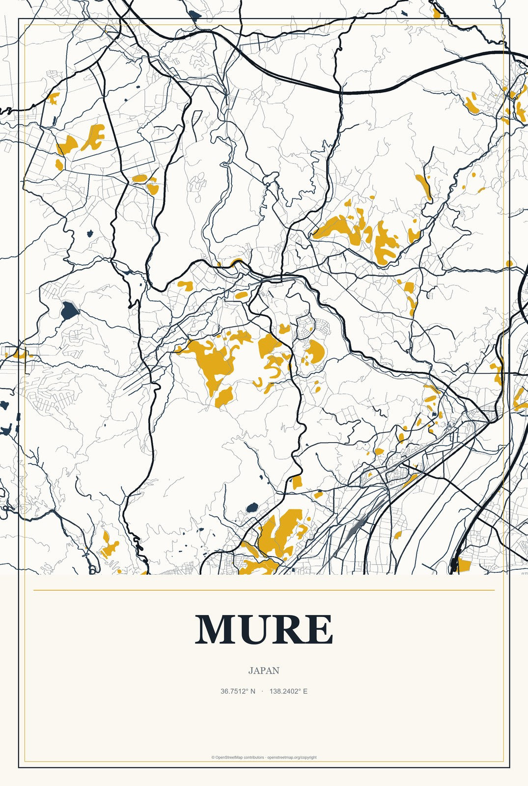 Mure, Japan City Map Aluminum Sign in Citrine Modern style