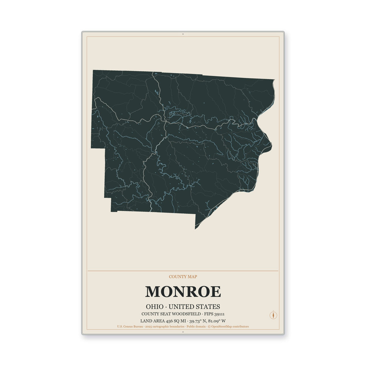 Monroe County, Ohio Map Aluminum Sign in Headline Atlas style