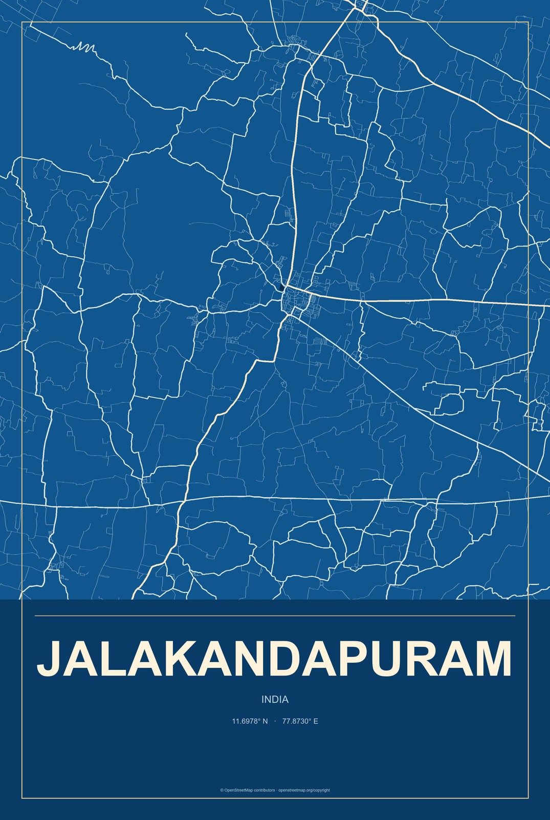 Jalakandapuram, India City Map Aluminum Sign in Harbor Cobalt style