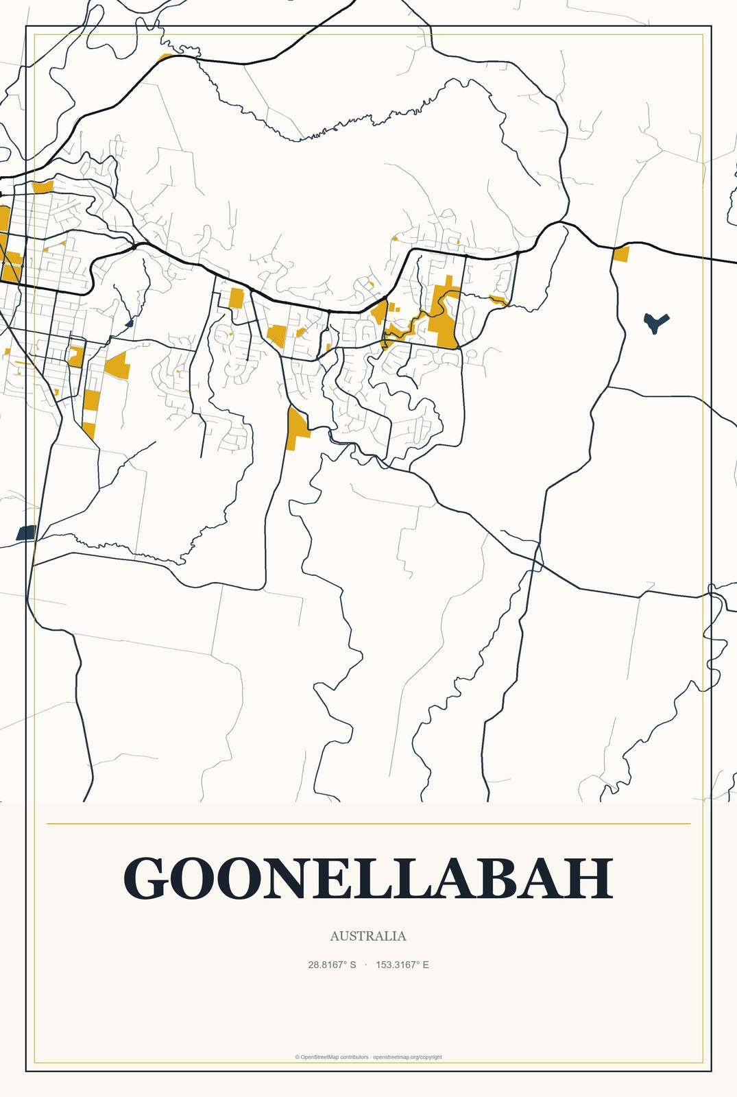 Goonellabah, Australia City Map Aluminum Sign in Citrine Modern style