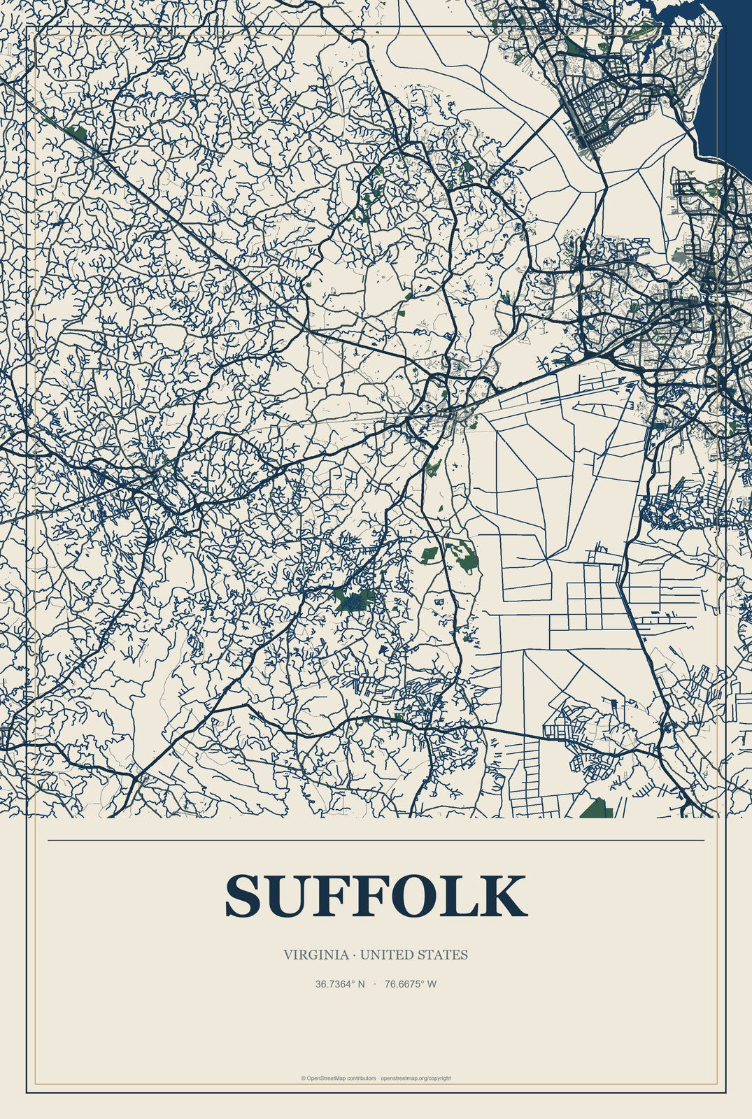 Suffolk, Virginia City Map Aluminum Sign in Coastal Cutout style