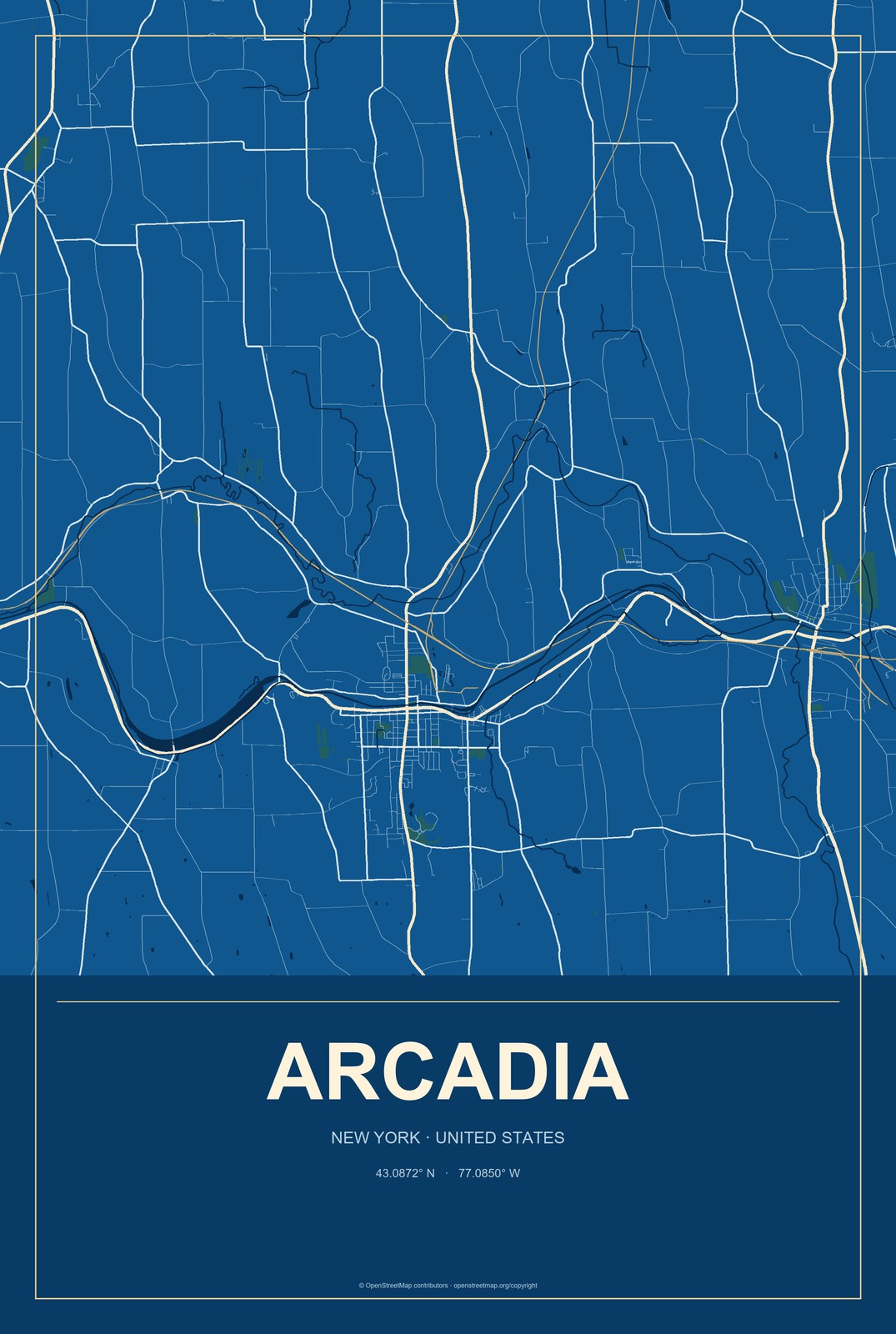 Arcadia, New York City Map Aluminum Sign in Harbor Cobalt style