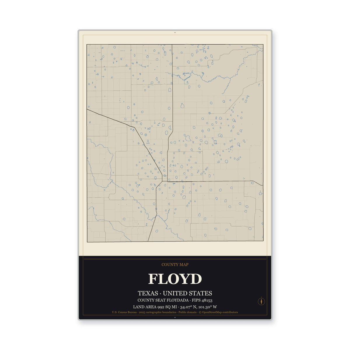 Floyd County, Texas Map Aluminum Sign in Museum Plaque style