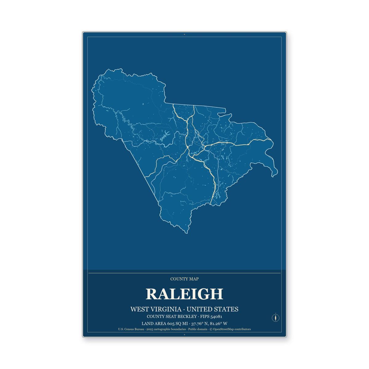 Raleigh County, West Virginia Map Aluminum Sign in Harbor Cobalt style