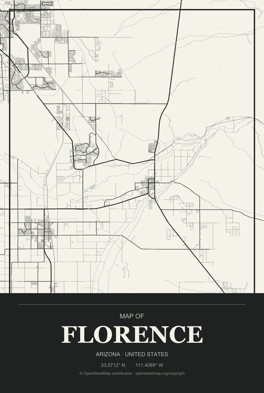 Florence, Arizona City Map Aluminum Sign in Museum Plaque style