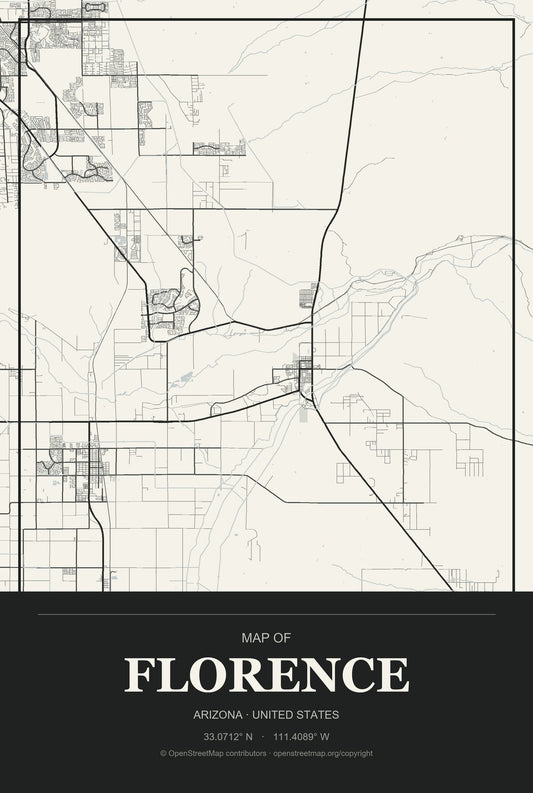 Florence, Arizona City Map Aluminum Sign in Museum Plaque style