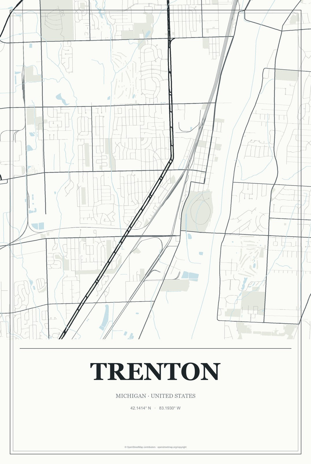 Trenton, Michigan City Map Aluminum Sign in Gallery Air style