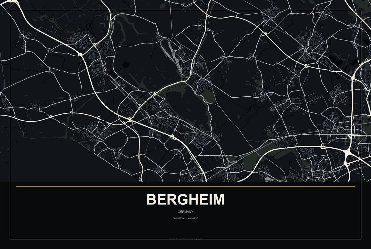 Bergheim, Germany City Map Aluminum Sign in Metropolitan Noir style