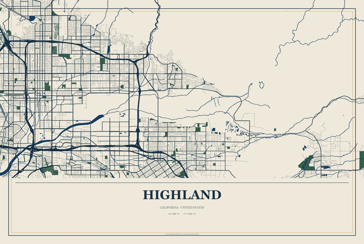 Highland, California City Map Aluminum Sign in Coastal Cutout style