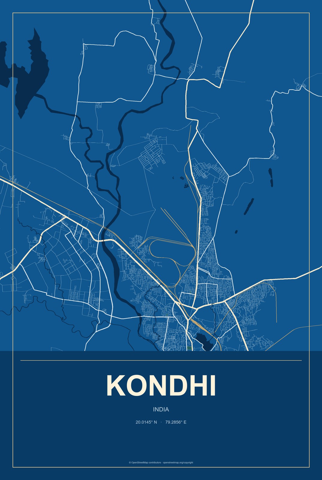 Kondhi, India City Map Aluminum Sign in Harbor Cobalt style