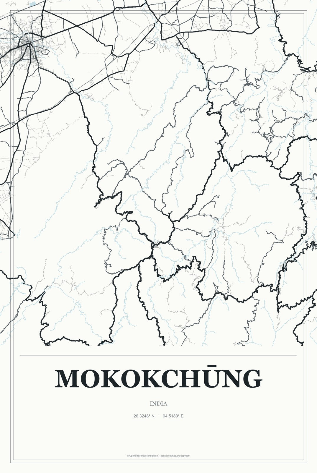 Mokokchūng, India City Map Aluminum Sign in Gallery Air style