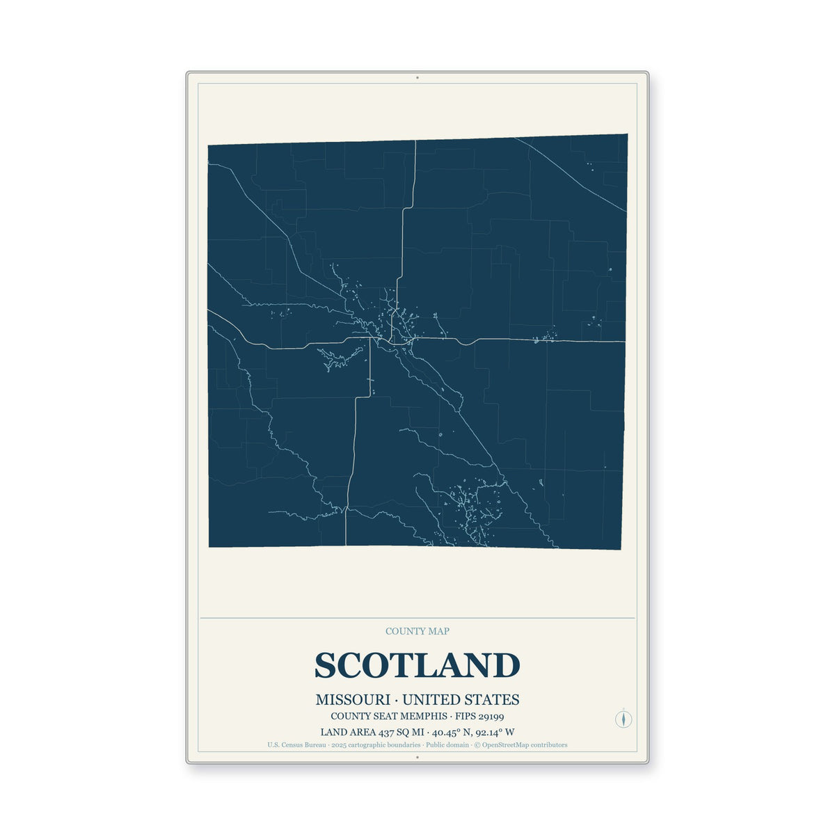 Scotland County, Missouri Map Aluminum Sign in Coastal Cutout style