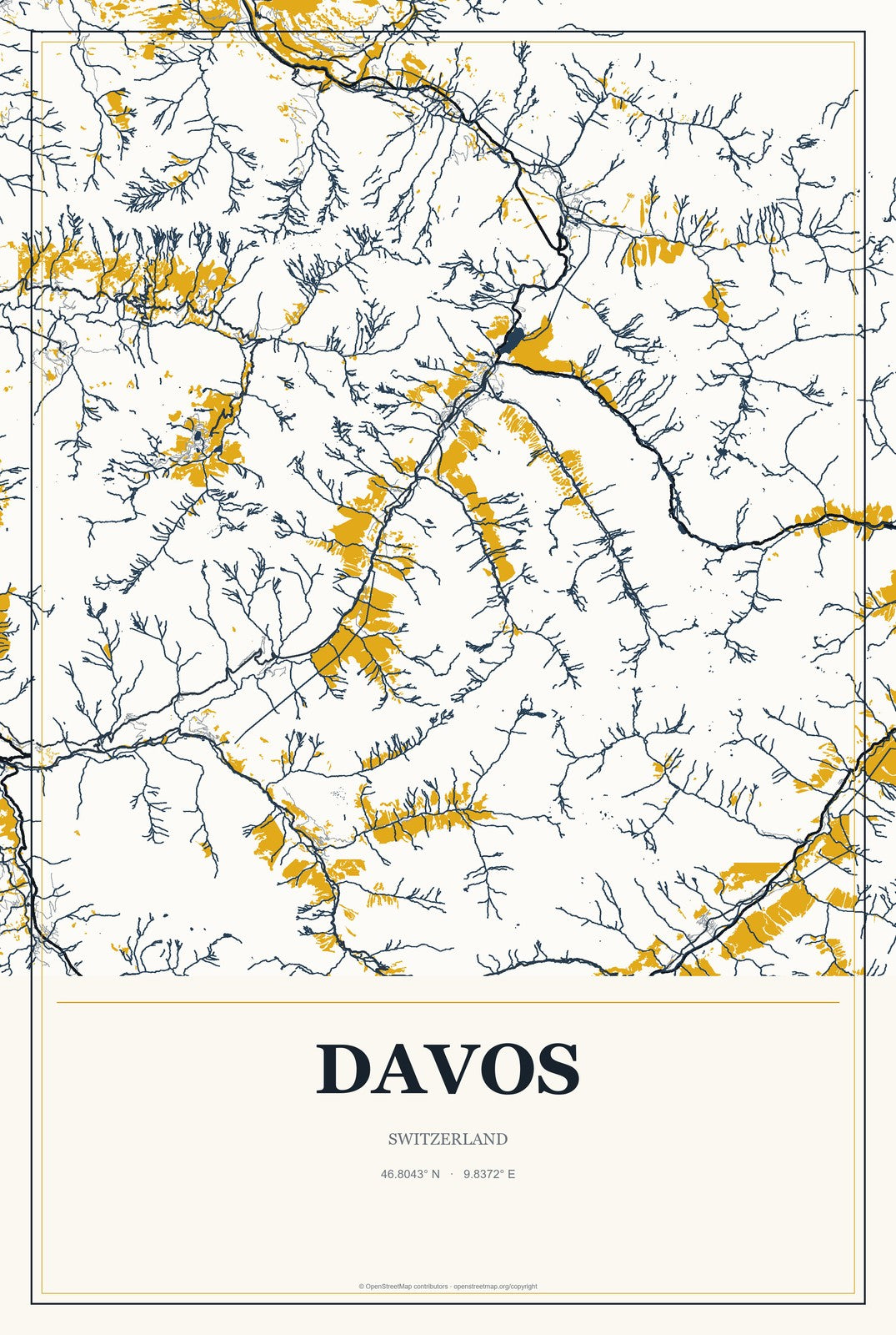 Davos, Switzerland City Map Aluminum Sign in Citrine Modern style