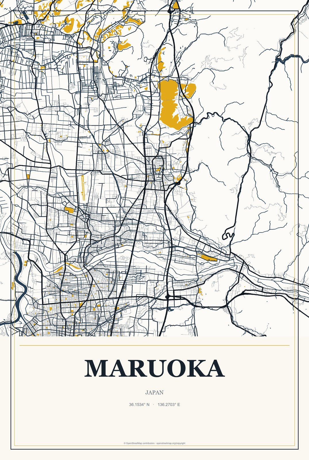 Maruoka, Japan City Map Aluminum Sign in Citrine Modern style