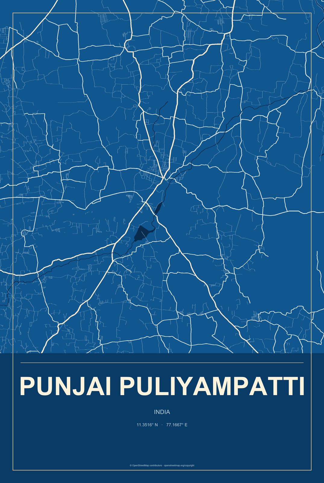 Punjai Puliyampatti, India City Map Aluminum Sign in Harbor Cobalt style