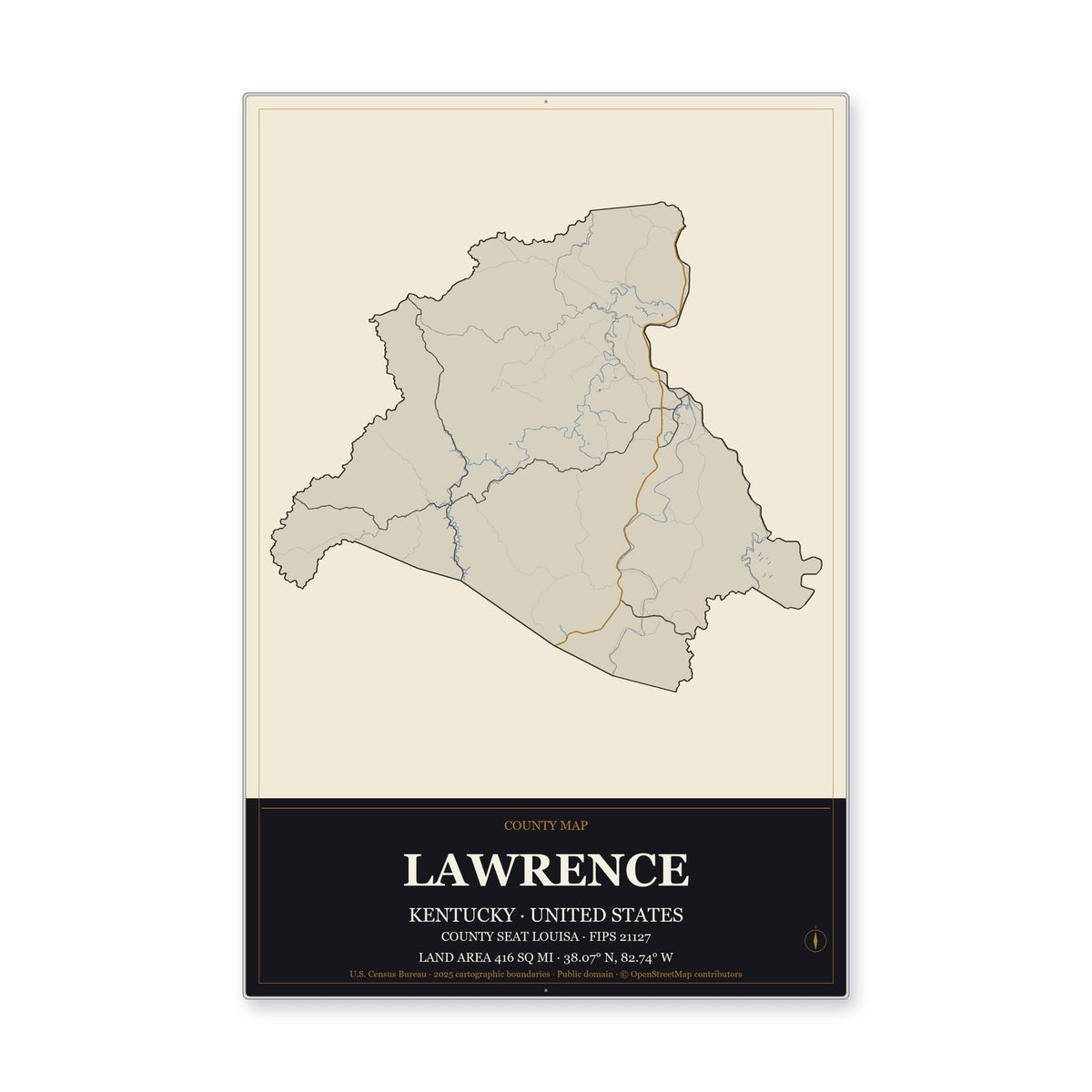 Lawrence County, Kentucky Map Aluminum Sign in Museum Plaque style