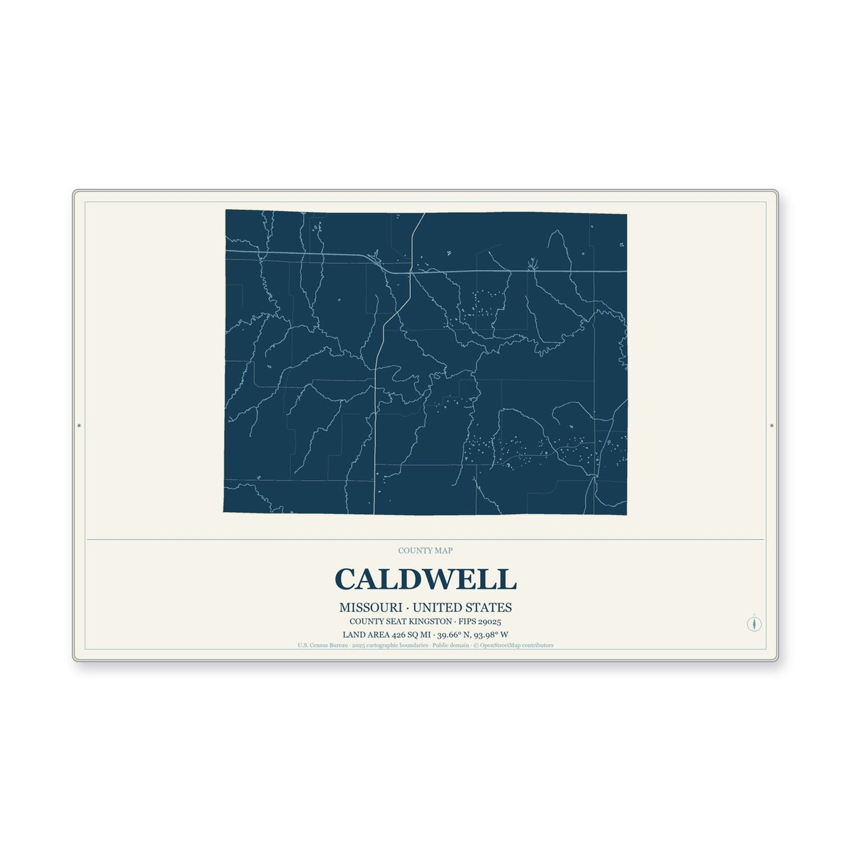 Caldwell County, Missouri Map Aluminum Sign in Coastal Cutout style
